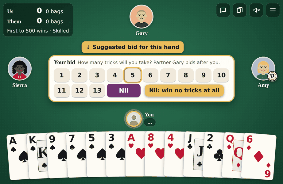 The bidding window on Spades.net with the suggested bid outlined and the Nil button The bidding window on Spades.net with the suggested bid outlined and the Nil button