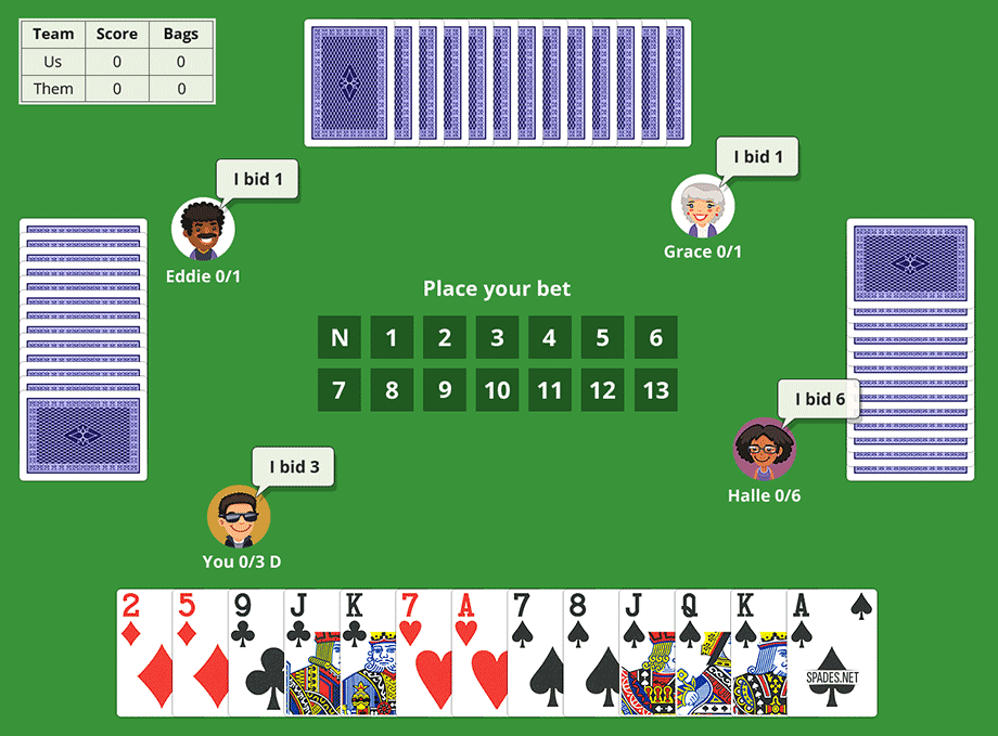 Spades card game with the bidding panel